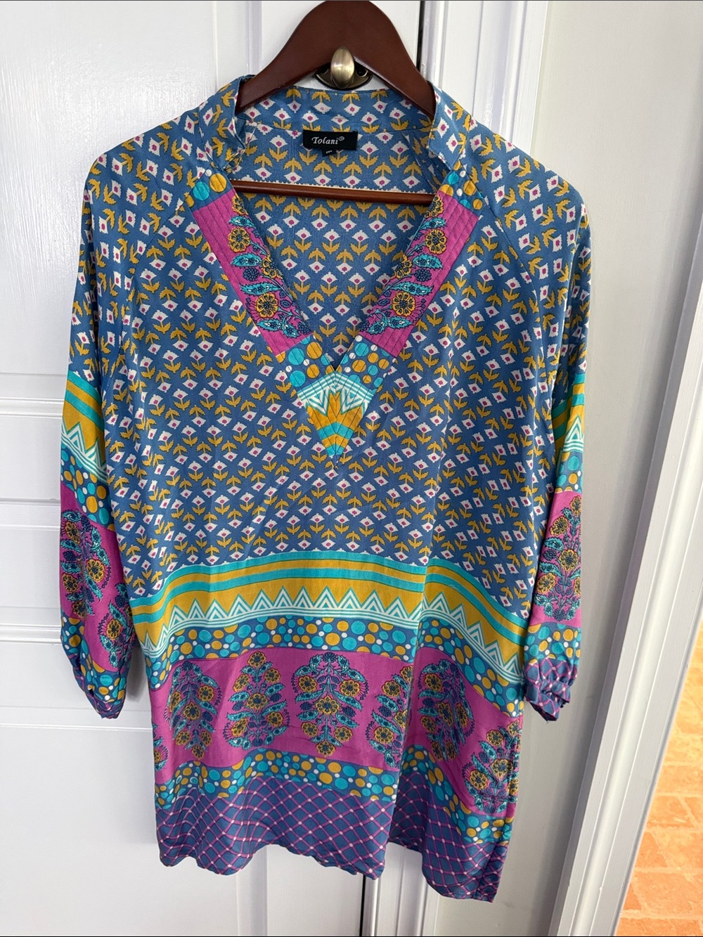 Tolani Teal, Magenta & Yellow Printed V-Neck dress/ Tunic